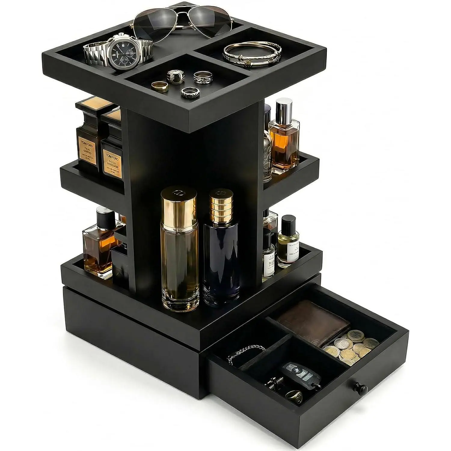 4-Tier Rotating Cologne Organizer with Drawer for Men, Large Capacity Perfume Organizer, Mens Gifts & Desktop Accessories Stand - Spacious for Bottles & Men's Essentials Storage, Modern Black