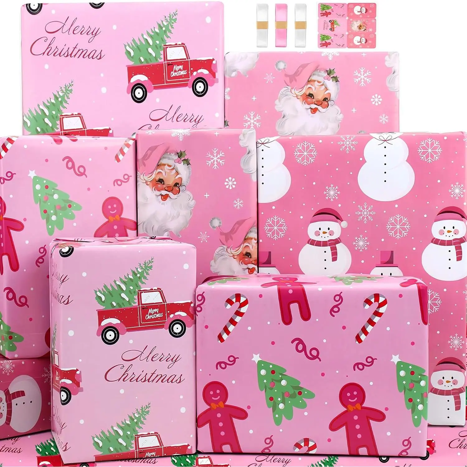 Christmas Wrapping Paper Xmas  Wrap Set for Girls Fairy  Girly Xmas Wrapping Paper Holiday Set Christmas Paper with Ribbon Tags, Winter Snowmen Snowflak Candy Canes Tree Santa  Rustic  Papel de  Navidad  Wrapper Paper