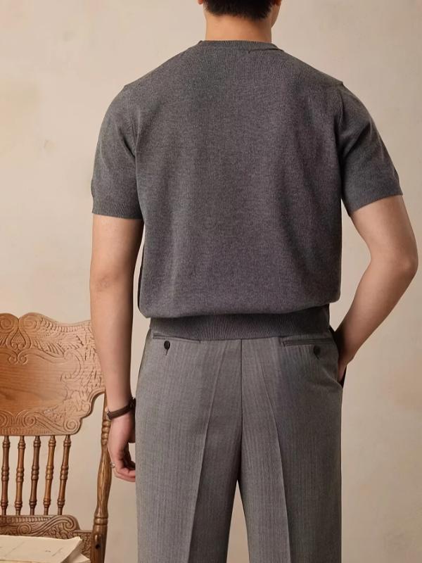 Kyn Apparel Men's summer solid-color round-neck short-sleeve knit shirt - Retro high-end home wear T-shirt Soft and comfortable breathable h