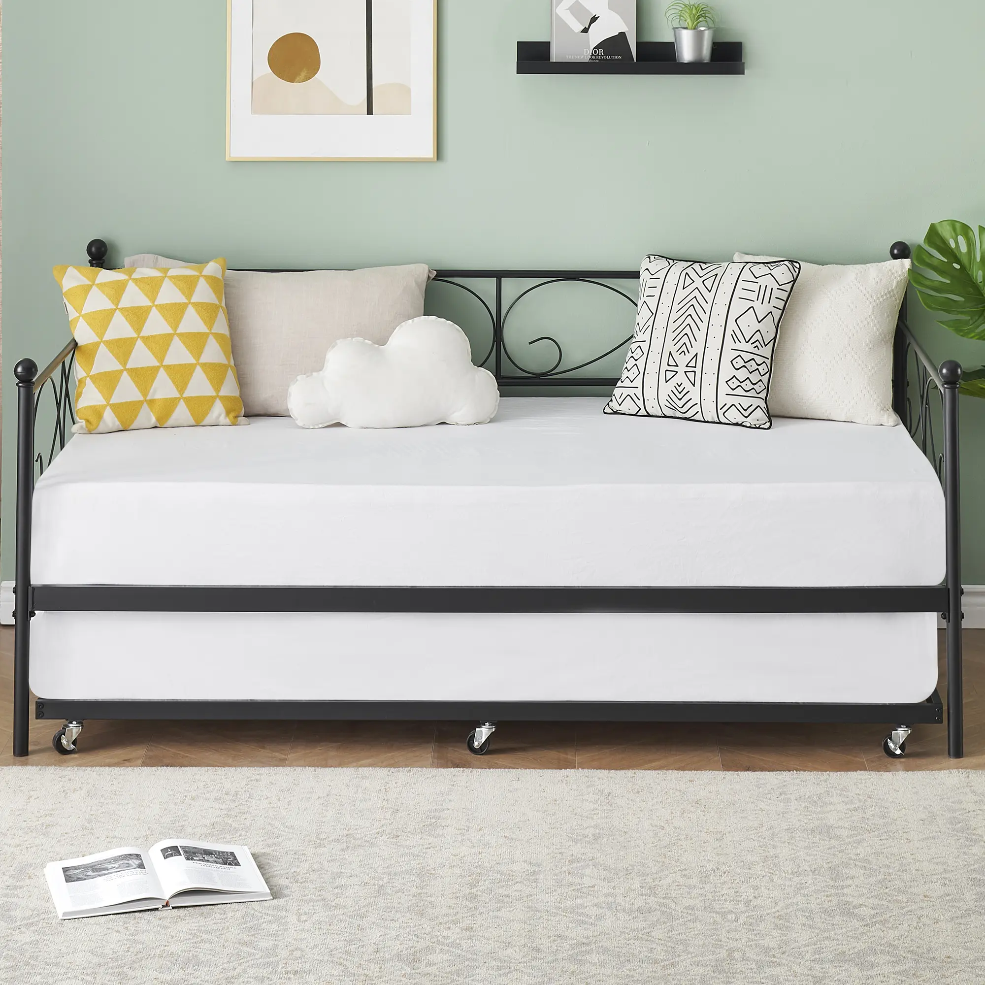 Space-Saving Metal Daybed Frame with Trundle - Heavy Duty Steel Slats - Modern Headboard - Twin Size Sofa Bed for Bedroom, Kids, Teens, Adults - No Box Spring Needed - Black or White