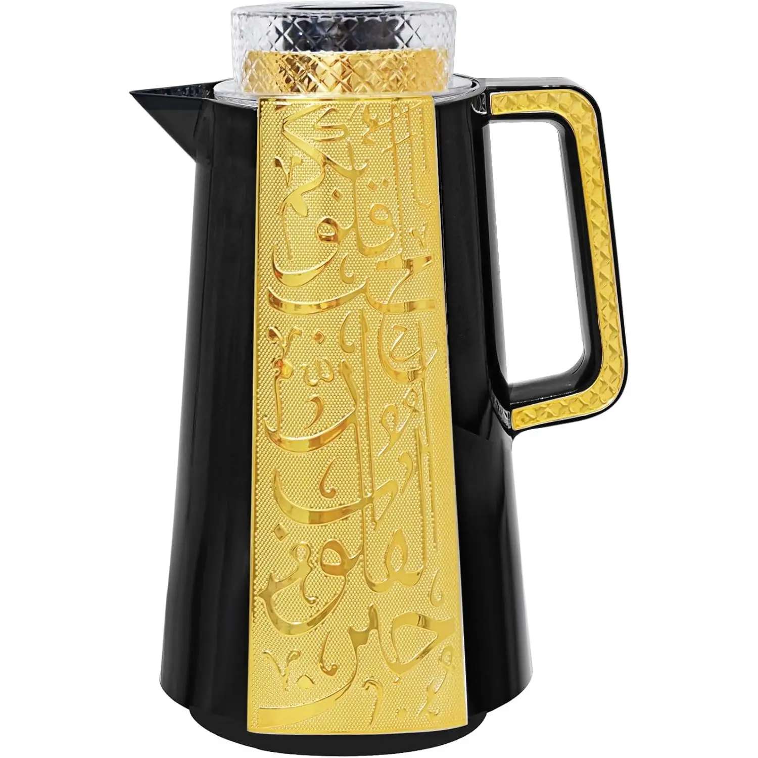 Arabic and Turkish Style Insulated Coffee Carafe 33oz Vacuum Thermal Flask Teapot Keeps Hot/Cold Coffee Tea Water Dispenser Push Button Lid Housewarming Ornament Black and Gold