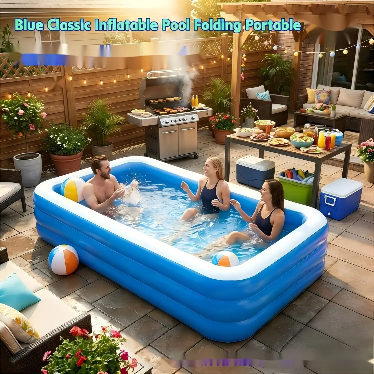 Home Inflatable Rectangular Swimming Pool, Durable PVC Material, Ideal for Family Gatherings, Summer Parties, Outdoor Leisure