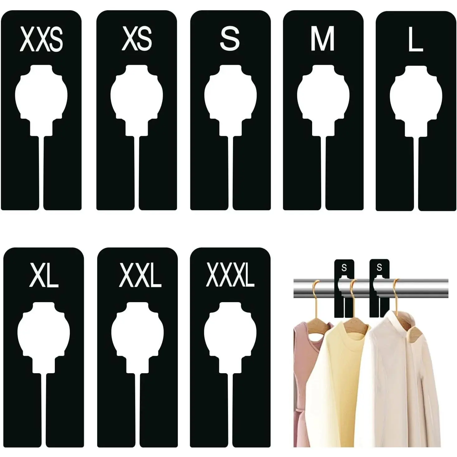 8 count Clothing Rack Dividers Black Plastic Closet Size Divider Hanger Labels for Clothes Tags for  Rod Organizer Preprinted Garment Size Markers from XXS to XXXL