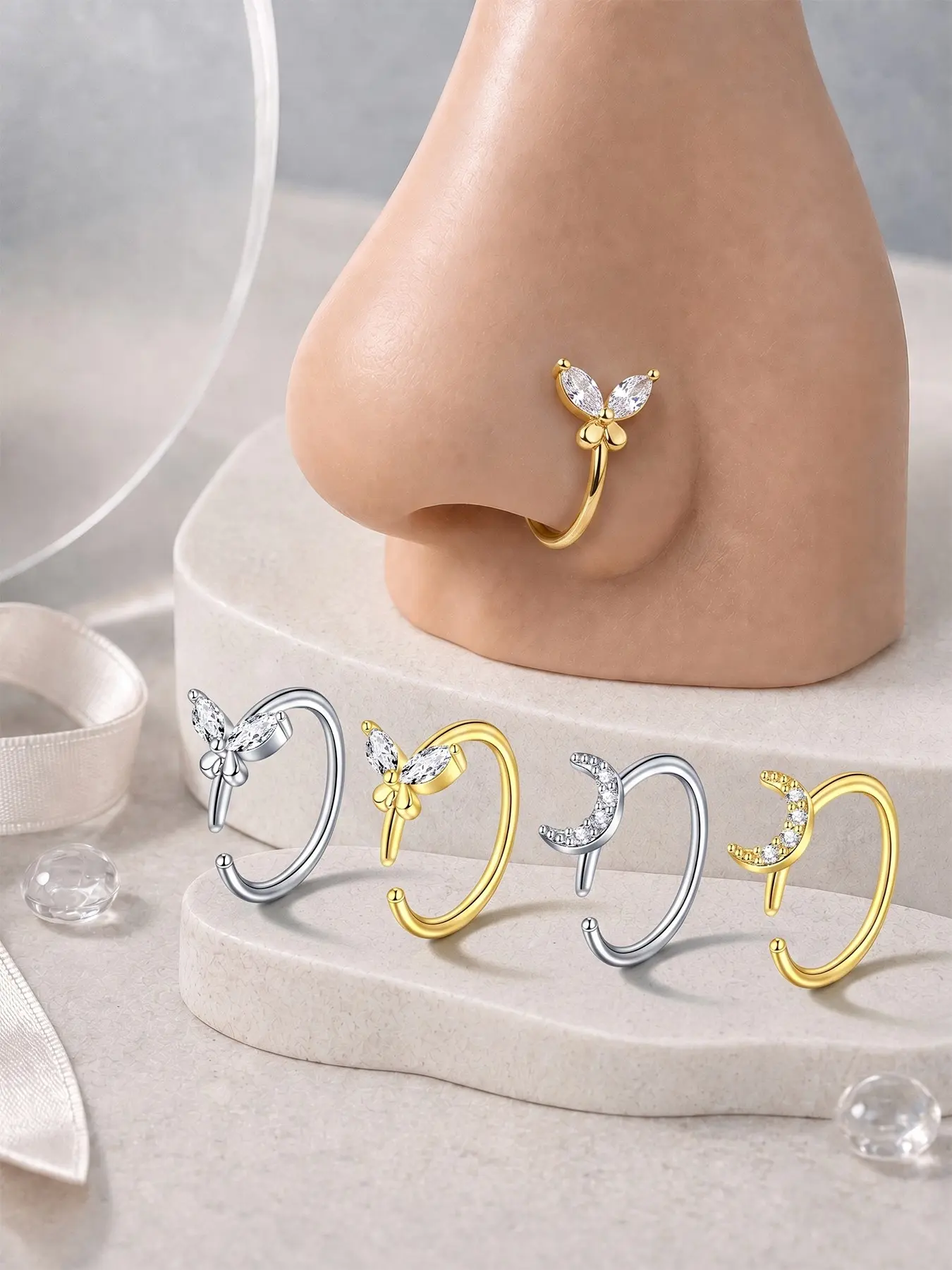 4Pcs Cute Butterfly Moon CZ Nose Ring Hoop 316L Stainless Steel Hypoallergenic 18G Gold Silver Open Nose Hoop Piercing Jewelry For Women Daily Wear