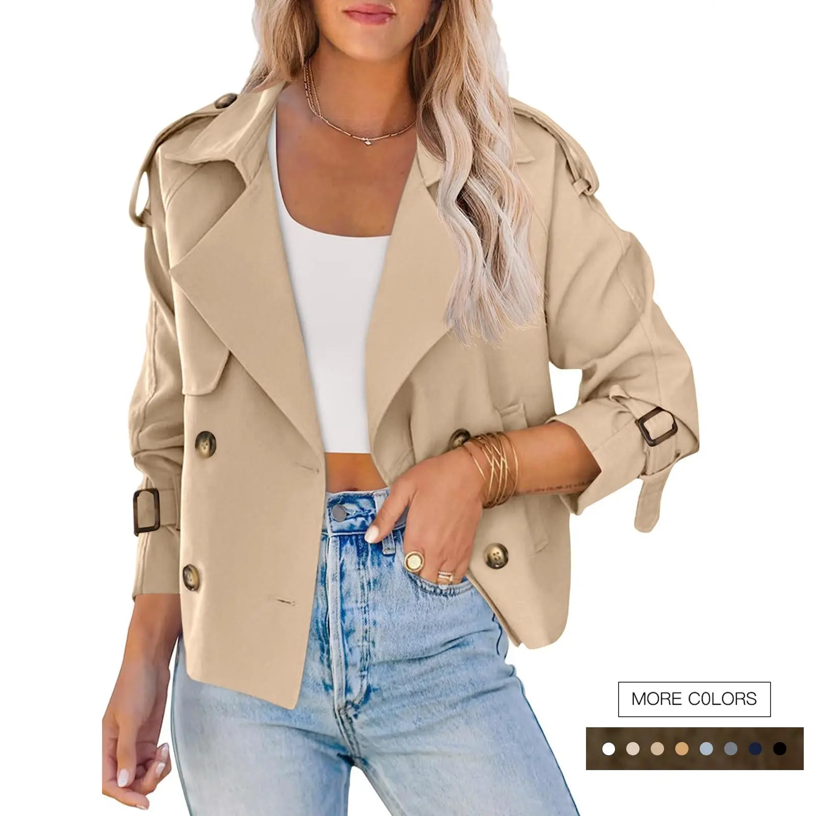 Women's Double-Breasted Trench Coat, Modern Cropped Fit Business Jacket, Polyester Long Sleeve Top with Pockets and Epaulettes, Tops, Fabric, Fitted, Collared, Long Sleeves, Epaulette Polish, Clothes, Modern Fit