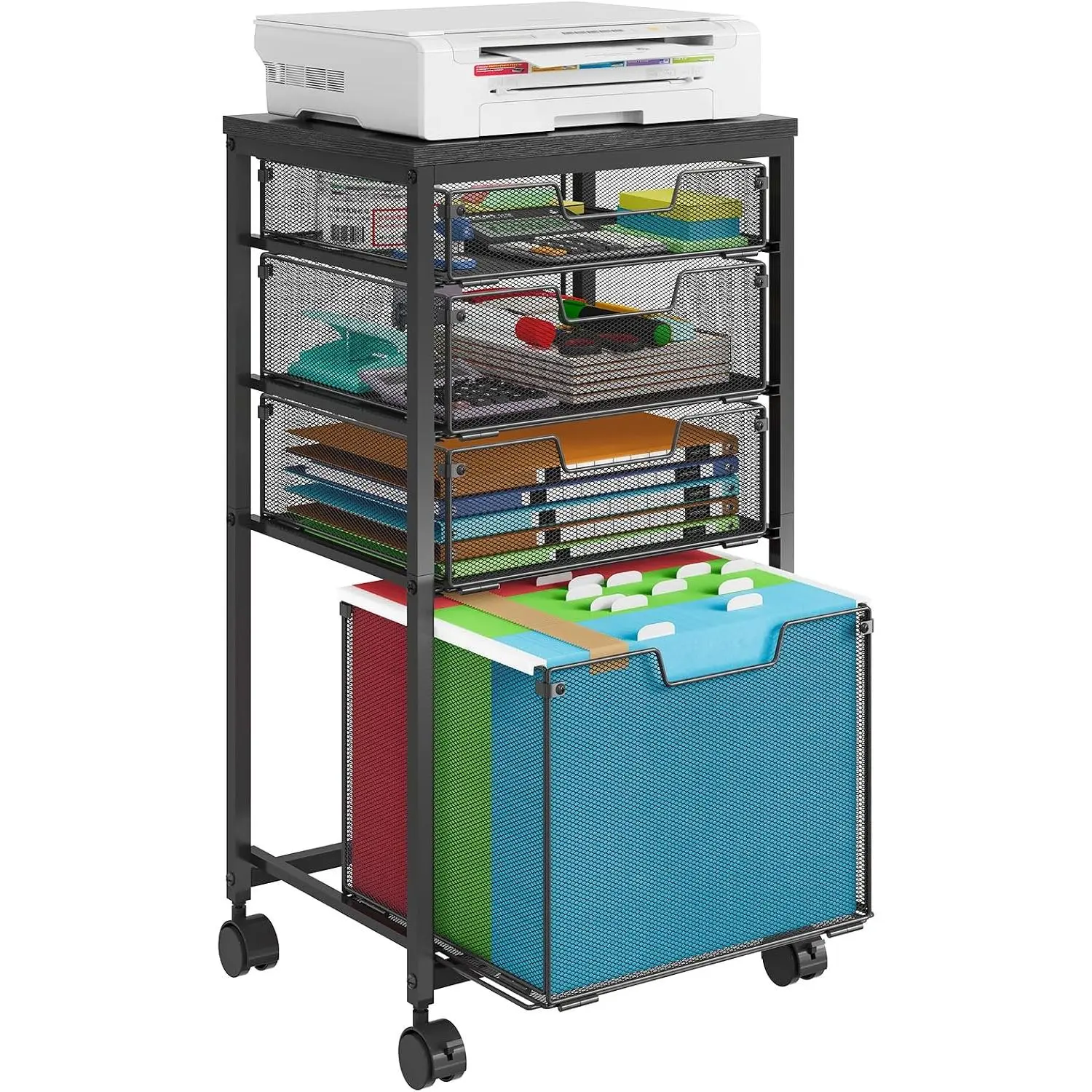 Rolling File Cart with 4 Storage Drawers, Mobile File Cabinet with Wheels,  File Organizer, Under Desk Printer Stand Utility Cart Filing Cabinet for  Office, Black