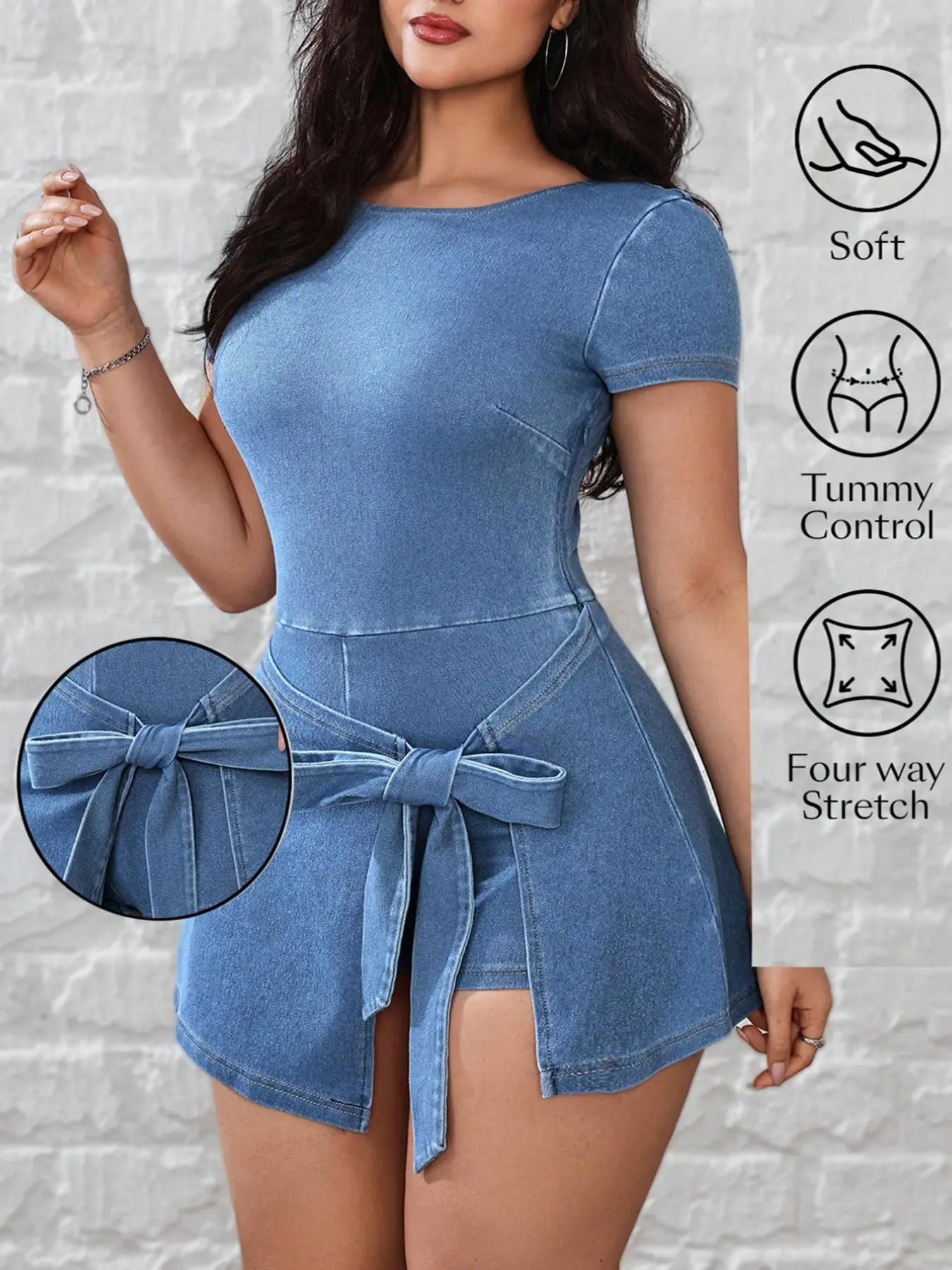 Plus Size Tie Waist Denim Romper, Short Sleeve Bodycon Fit High-Waisted Dress, Sexy Girl, Trendy Casual Summer Fashion