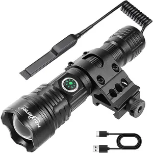 Type-C USB Rechargeable 6000 lumens Zoomable LED Waterproof Flashlight with Pressure Switch Picatinny Rial Light