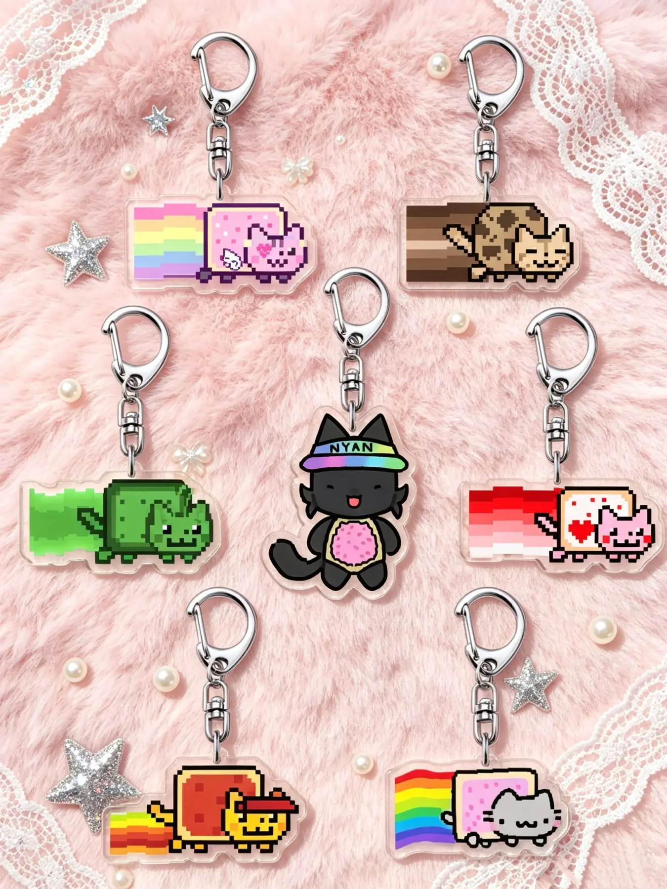 Nyan Cat Acrylic Girly Keychain, 7 Designs Available, Cute Cartoon Patterns, Retro Pixel Art, Perfect for Backpacks and Earphones, Gift Idea