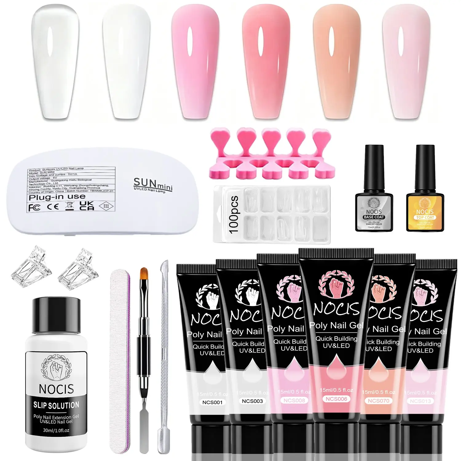Nocis 6 Color Gel Nail Extension Kit, 15g Each, Clear, Milk, Pearl, Solid, Light Nude, Natural Nude, DIY Home Manicure Tools, Gel Nail Set