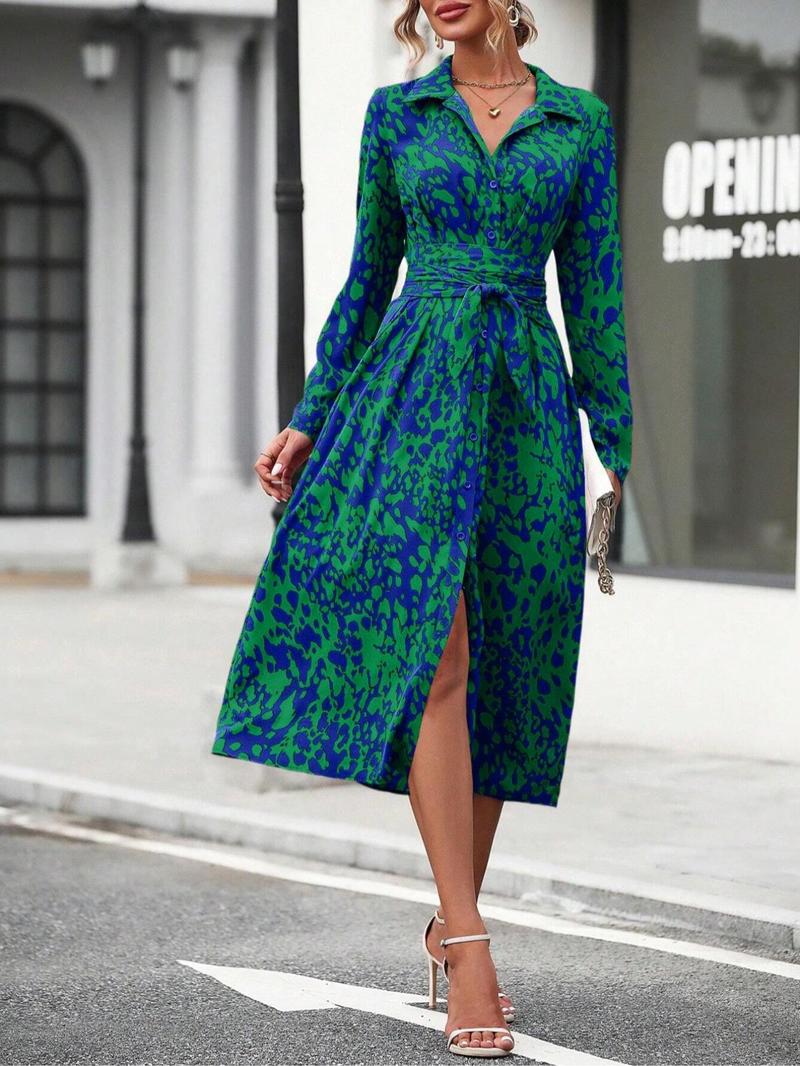 Women's Spring Autumn Elegant Geometric Tie Dye Print Button Front Midi Dress, Long Sleeve Fitted Design, Multiple Color Options