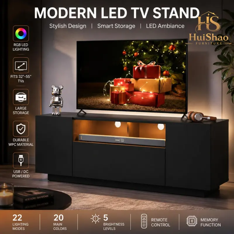 Modern LED TV Stand for 32-55 Inch TVs, Dimmable Entertainment Center with Storage Cabinet, Heavy-Duty Media Console for Living Room, Bedroom & Gaming Room