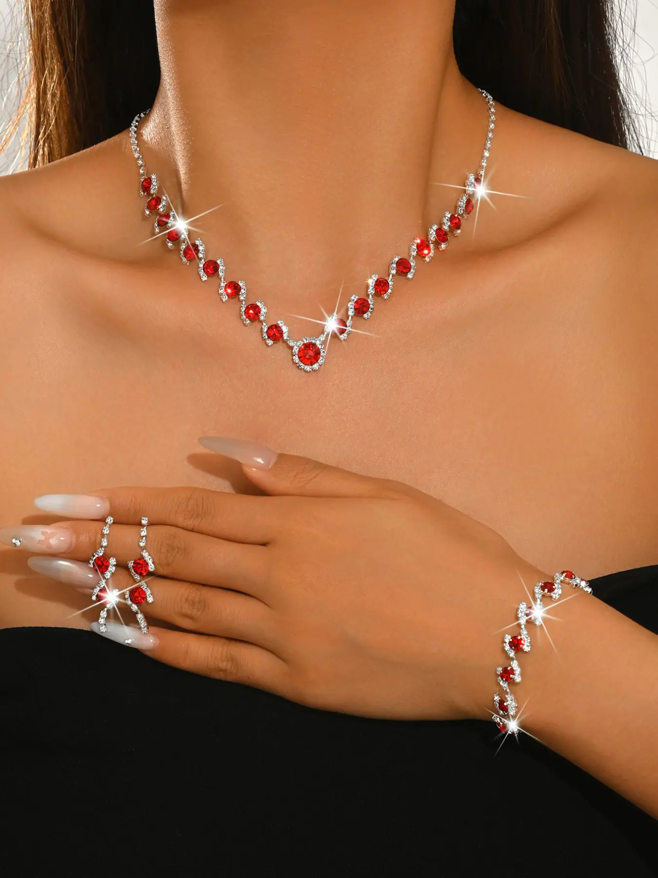 4-Piece Elegant Jewelry Set, Sparkling Rhinestone Necklace and Earrings, Copper Material, Perfect for Parties and Events, Women's Fashion Accessories
