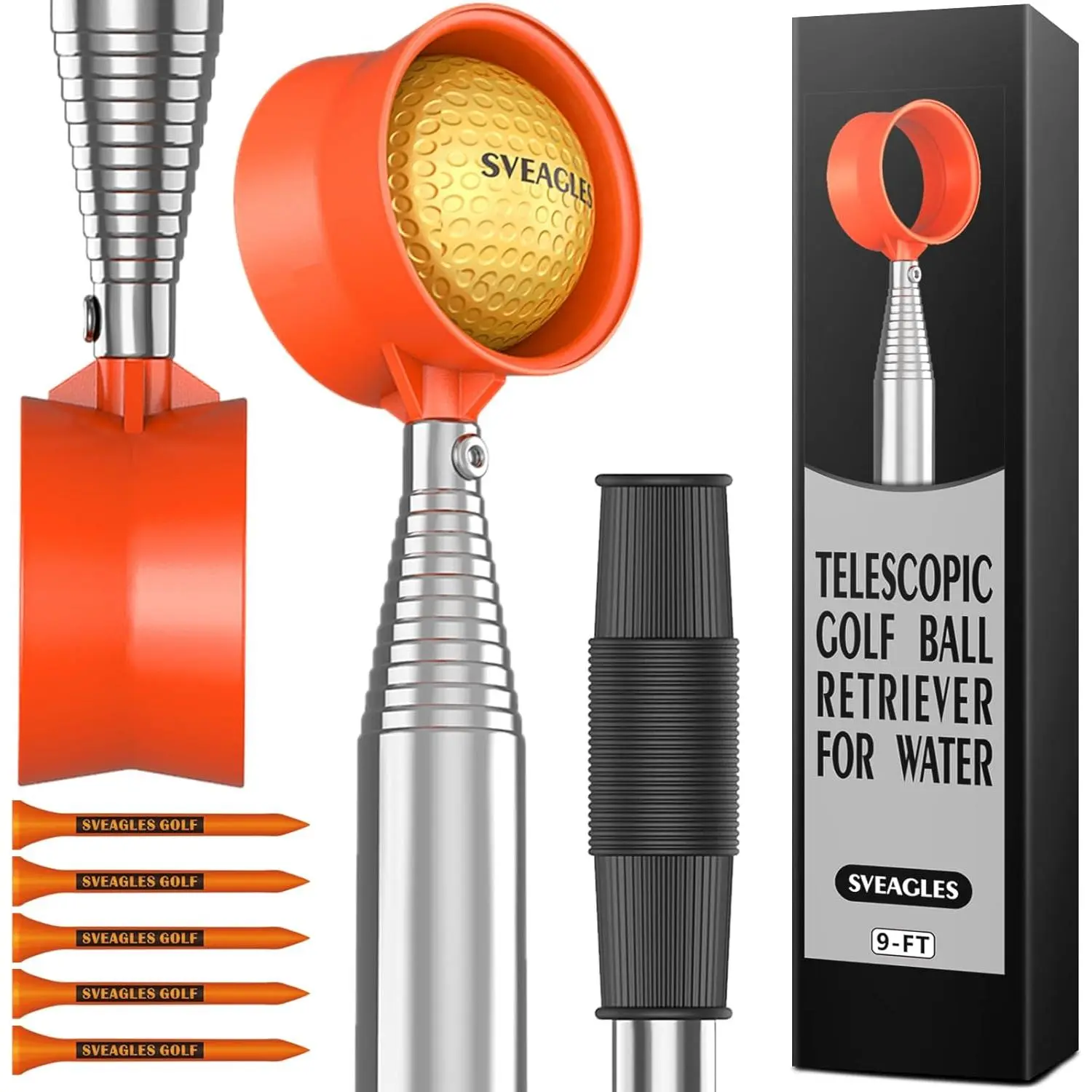 Golf Ball Retriever Telescopic for Water, 12Ft/9Ft Two-Sided Golf Ball Grabber Stainless Steel Ball Retriever Tool Golf Ball Picker Golf Accessories