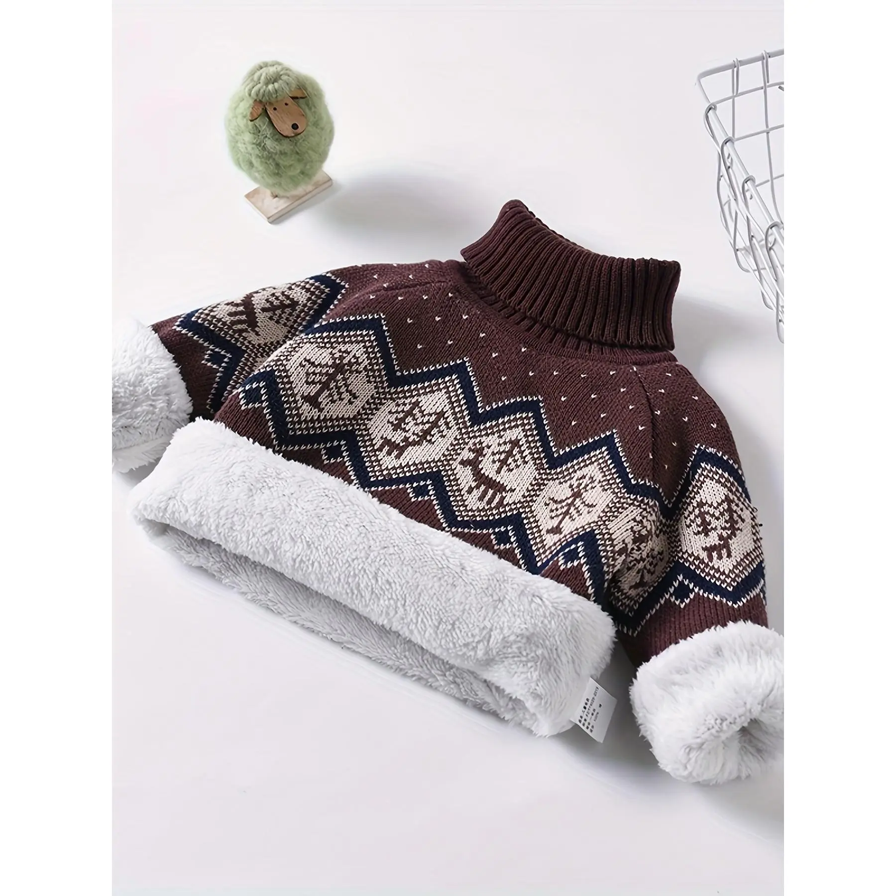 Boys Winter Thick Fleece Turtleneck Knit Pullover, Ethnic Style Reindeer & Christmas Tree Pattern Kids Sweater, Warm Soft Children Top Suitable For Autumn Winter Daily Wear And Holiday Occasions