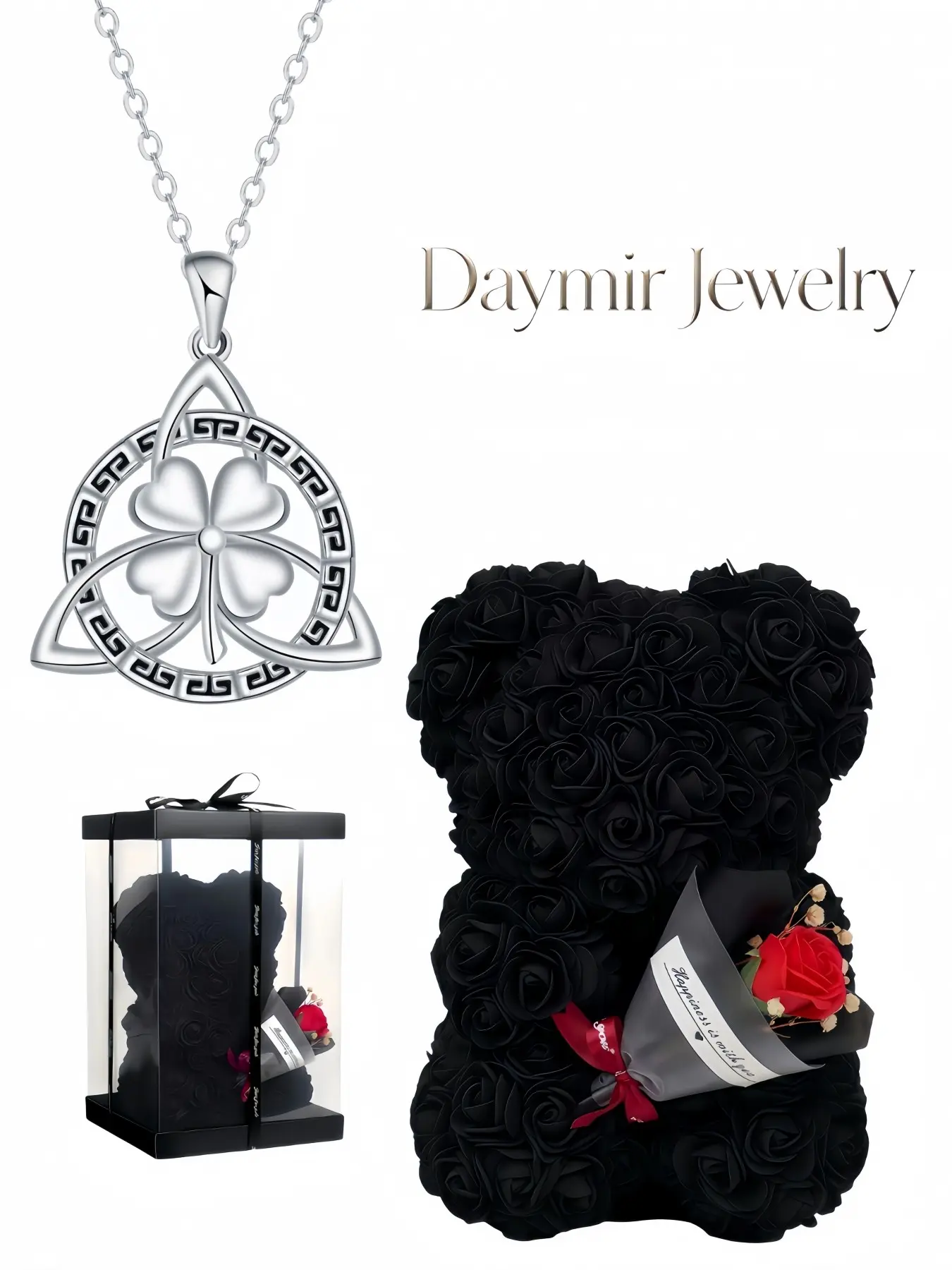 "Celtic Diamond Clover", stylish unique Celtic four-leaf clover necklace paired with preserved rose bear gift box, a mysterious gift for birthdays, Valentine's Day, Mother’s Day and Christmas.