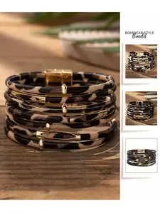 Leopard Pattern Multi-Layer Bracelet, Fashionable Magnetic Closure, Trendy Stack Bangle, Exquisite Jewelry for Women & Girls, Birthday Gift