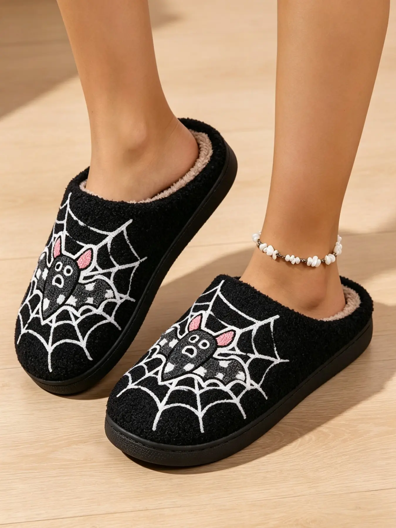 Women's Halloween Theme Plush Slip-On Indoor Slippers, Fun Dark Bat Print, Lightweight Durable Soft Sole, Dorm Apartment Holiday Home Wear