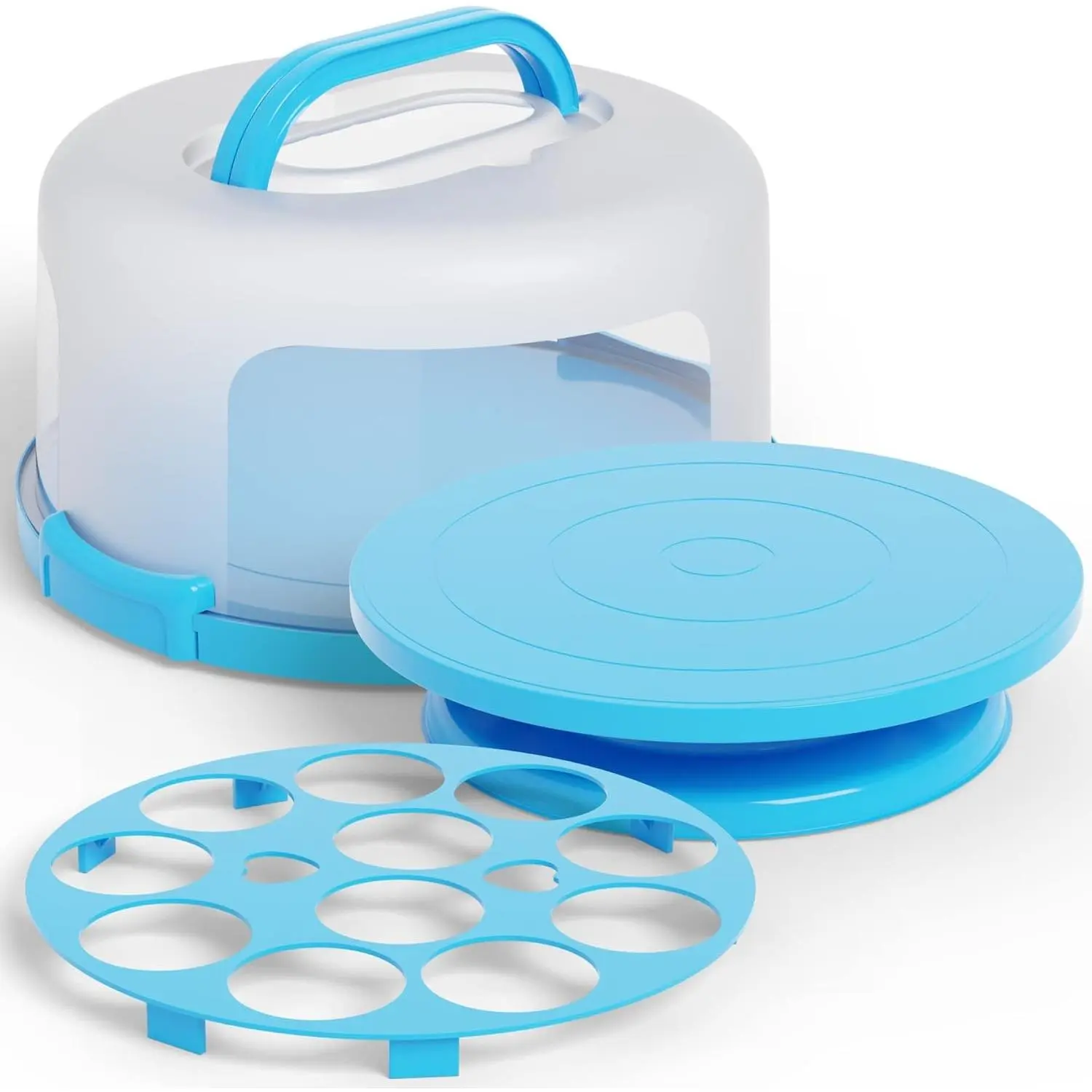 Cake Cupcake Carrier with Lid and Handle + Cake Stand Plate with Dome | 10" Round Cake Container Holder with Cover | Plastic Pie Carrier Cake Storage Container | Bunt Keeper Platter Tray for Transport
