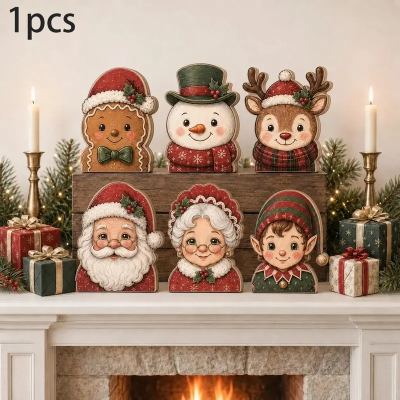 Six vintage-style Christmas wooden display ornaments: Santa Claus, Mrs. Claus, little elves, gingerbread men, snowmen, and reindeer standing wooden signs, perfect for rustic fireplace settings and tiered tray winter table decor.