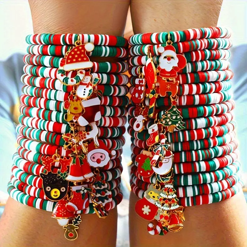 30pcs Stackable Bracelets, Soft Polymer Clay Beaded Bracelets, Santa Claus Deer Tree Bell Socks Gloves Box Series Ornaments Bracelets, Party Gifts, Eve Gifts