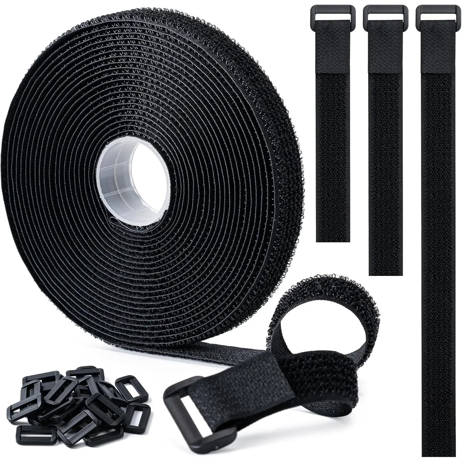 0.8" x16Ft Hook and Loop Straps with 25 Plastic Buckles, Adjustable Fastening Cable Straps, Free Cut Length, Reusable Nylon Cable Ties  Organizer or Storage, Black
