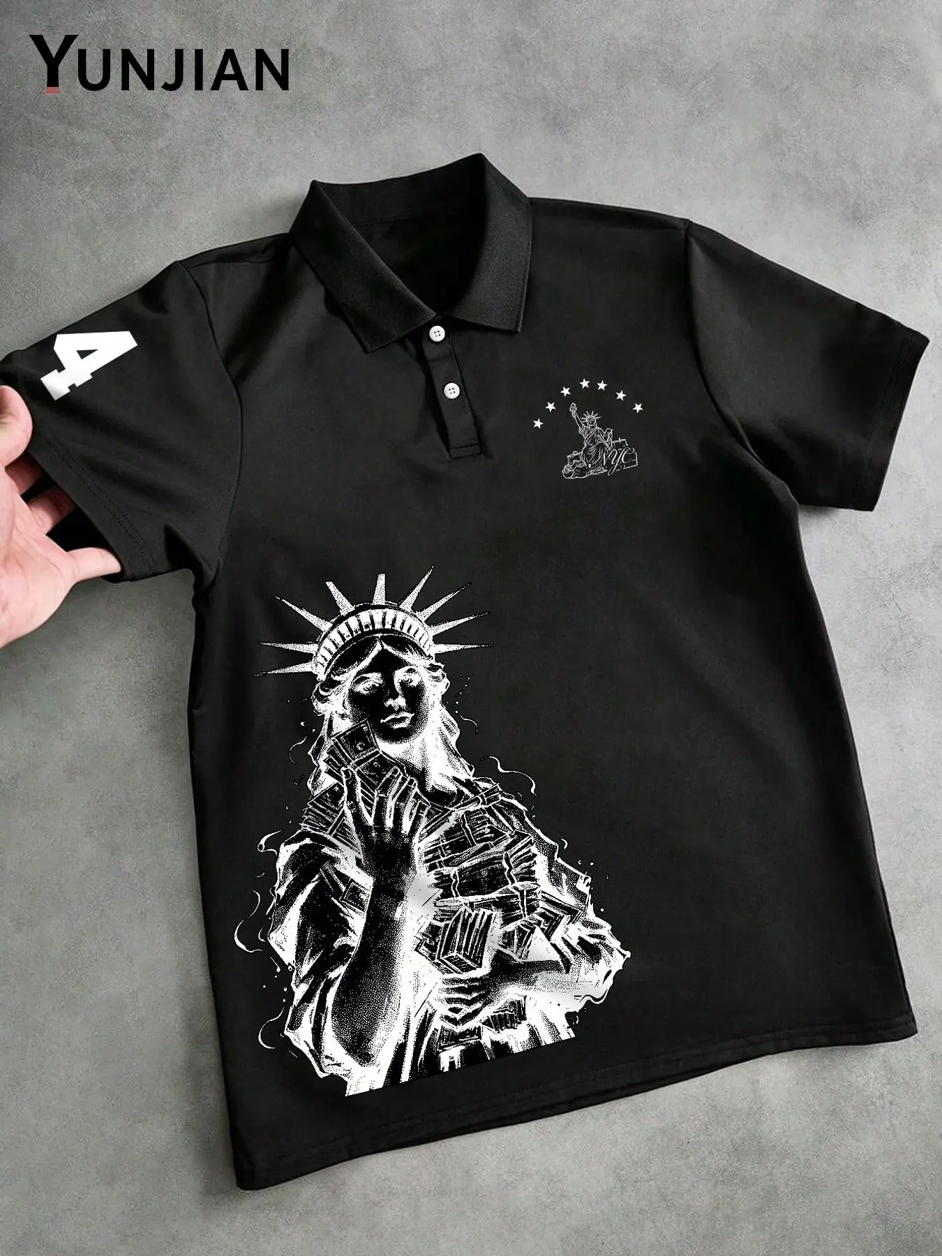 Men's Loose-Fit Short Sleeve Polo Shirt, Vintage Statue of Liberty Print, Star & Number 4 Design, Breathable Two-Button, Casual Streetwear