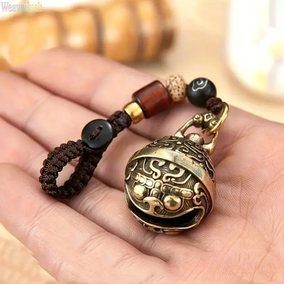 1pc Retro Vintage Copper Round Bell Keychain - Delicate Drawstring Loop Brass Pendant Keyring, Stylish Purse Bag Charm, Edgy DIY Luggage Bag Accessory for Key Storage & Handmade Crafts