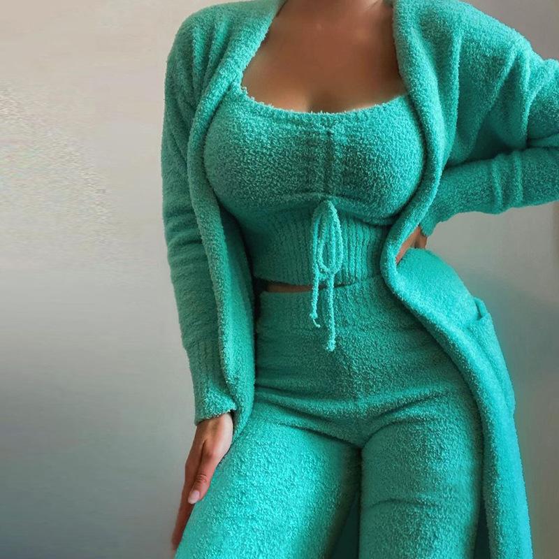 Women's Cozy Plush Loungewear Set Autumn Winter Solid Color 3-Piece Lace-Up Leisure Pajama Set for Home & Lounge Long Sleeve Minimalist Nightwear Fabric Womenswear Cardigan Matching Pants Top Homewear Pjs Basic Casual