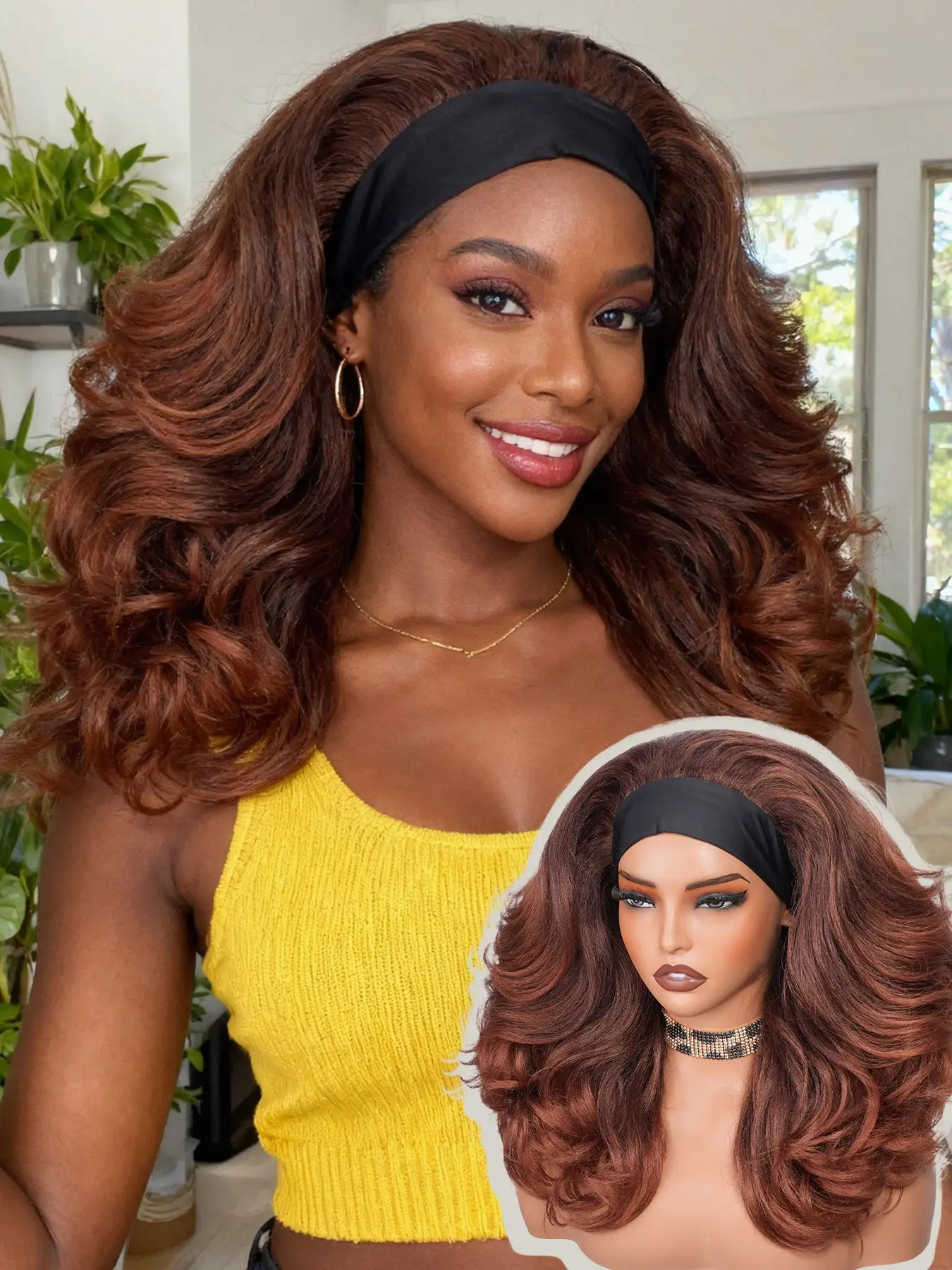 Headband Layers Wigs for Women Wavy 20 Inch Glueless Caramel Copper Brown Half Wig Loose Wave Synthetic Hair Yaki Curly with Curly Ends Natural Black Headband Wig Synthetic Fiber Wig