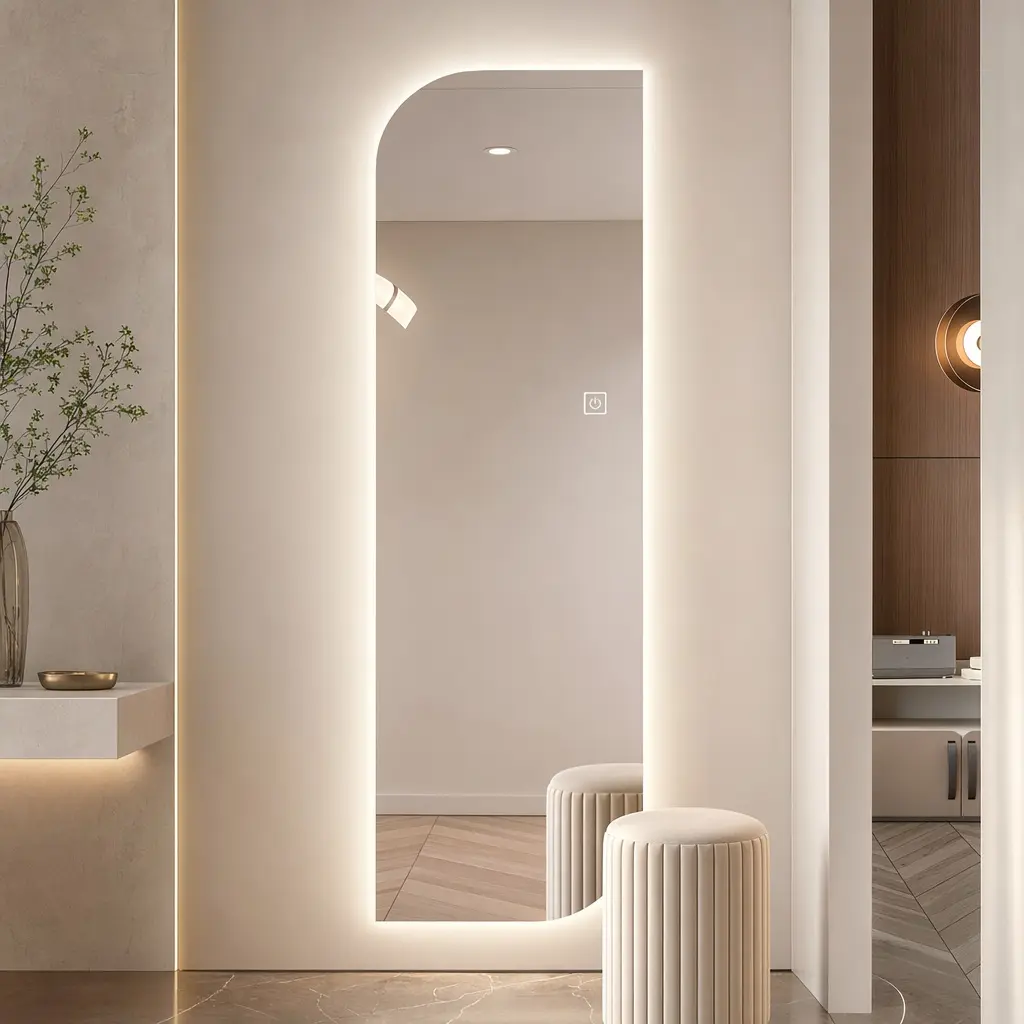 ARCH 65x21 Inch LED Full Length Wall Mirror Irregular Shape Dimmable 3 Color Lighting 5mm Copper-Free Silver Glass Hardwired or Plug-in for Entryway Bedroom Salon Modern Design, Silver Color Options, Glass Material, Modern Style, Product Dimensions: