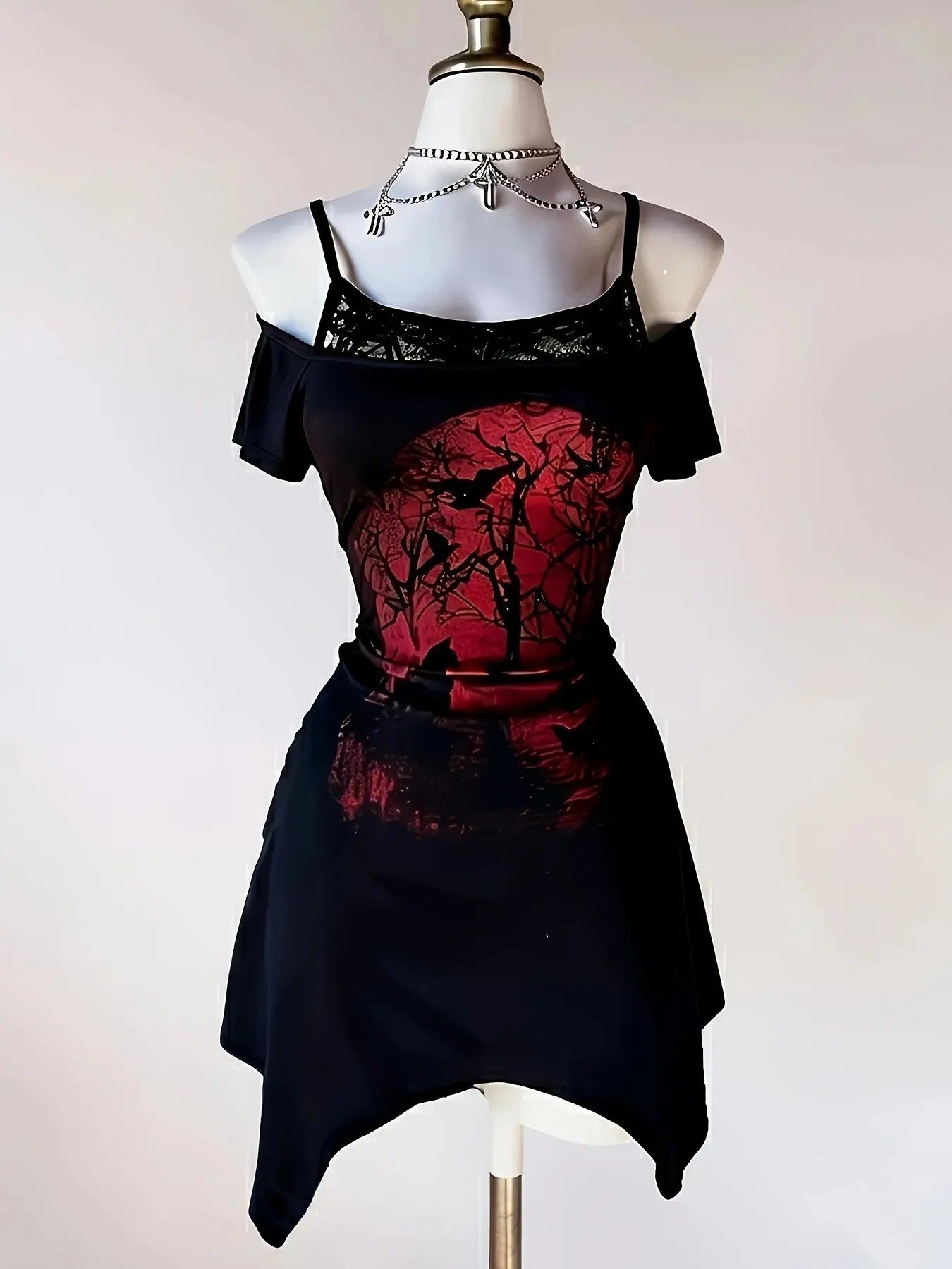 Dark Gothic Style Off-Shoulder Halter Dress, Raven Print Lace Skirt, Gothic Girl Slim Fit Waistcoat Dress, Silhouette
