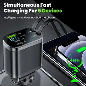 150W Car Charger Adapter 5 IN 1 Fast Charging USB Type C Car Charger with Retractable Type C Cords For iPhone Huawei Samsung  colorful charger