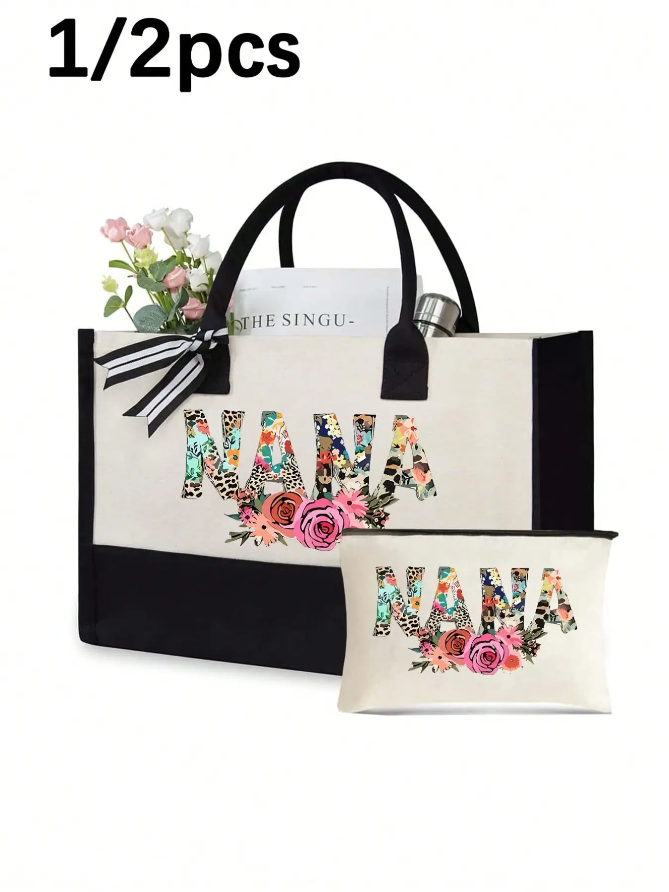 Floral Pattern Grandmother Print Handbag with Makeup Bag, Fashion Shoulder Bag, Reusable Grocery Bag, Travel Bag, Gift for Women