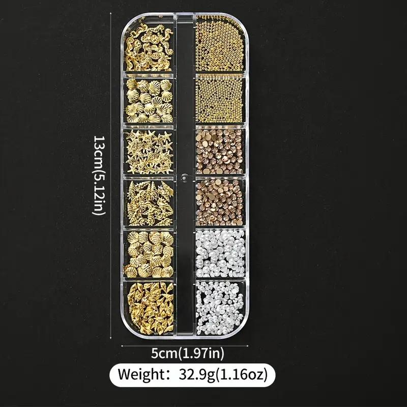 12 Grids 3D Ocean Nail Art Decorations, Mixed Sea Horse Starfish Conch Pearl Mini Caviar Beads Rhinestones, Seahorse Nail Art