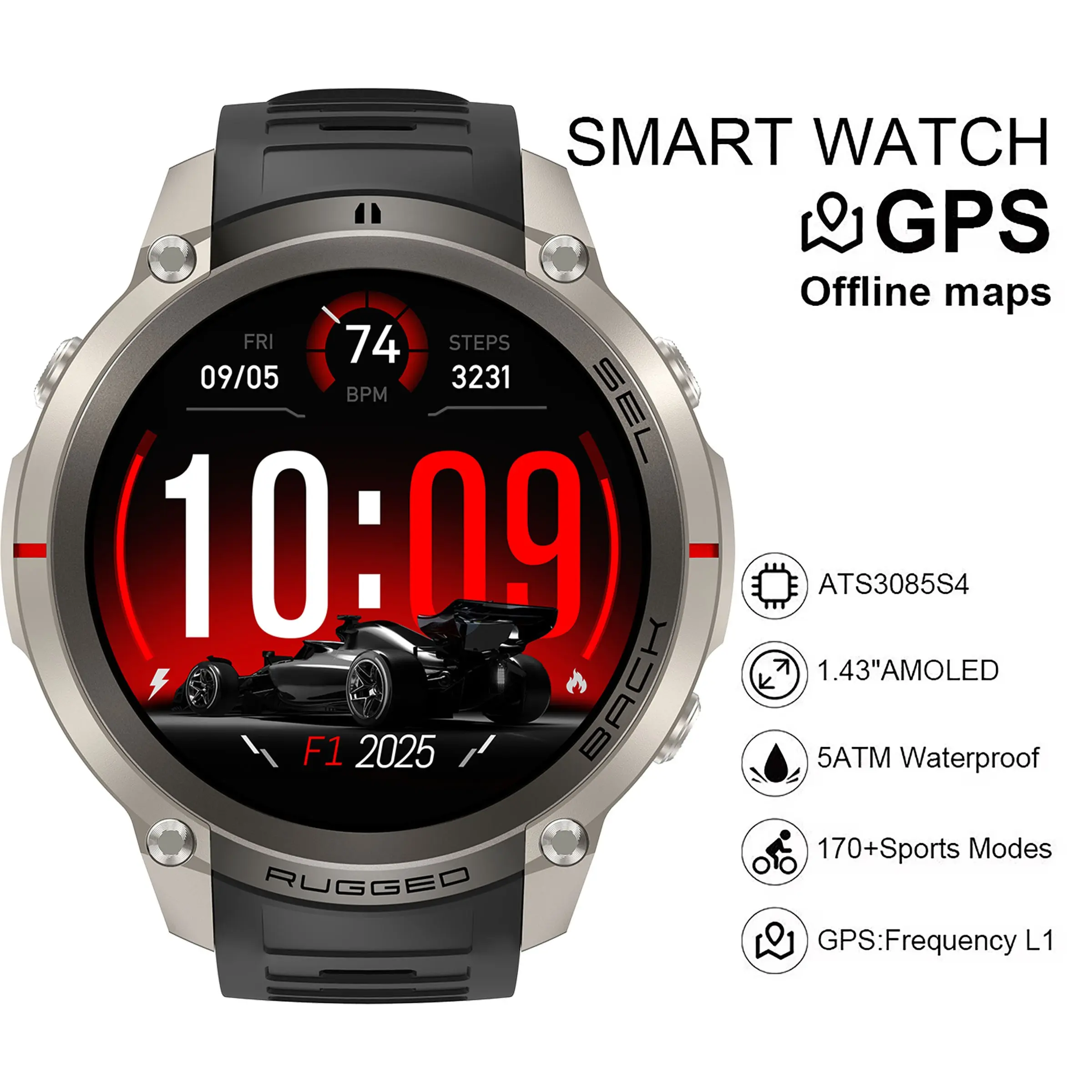 Amoled Smart Watch with Global 6-Satellite GPS, Men's Outdoor Sports Watch, Offline Map, Altimeter, Compass, Bluetooth-compatible Call