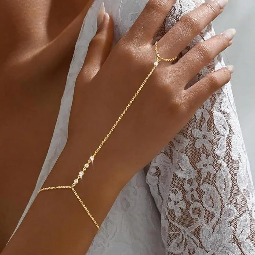 Stackable Dainty Ring Bracelet Hand Chain, 6cm 14K Gold Plated Cubic Zircon Bracelet, Elegant Exquisite Wrist Jewelry for All Outfits