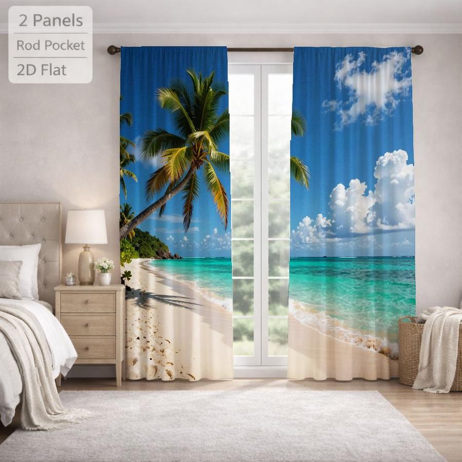 2Pcs Beach Landscape Palm Tree Ocean Scenery Sun Blocking Curtains Digital Printed Rod Pocket, Window Treatment For Bedroom Office Kitchen Living Room Study Home Decor