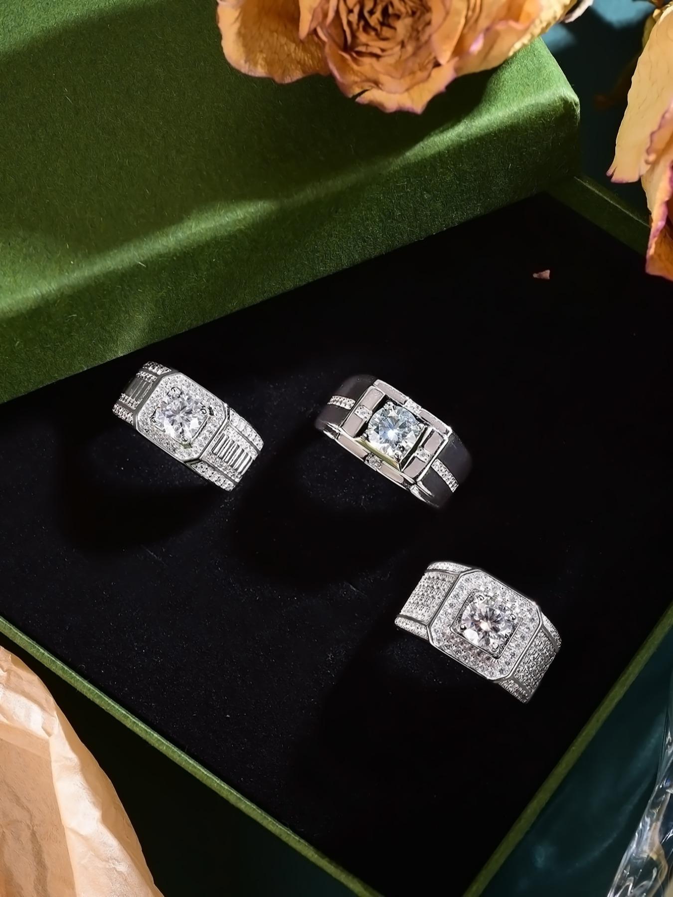 925 Sterling Silver Men's Elegant Synthetic Moissanite Ring, Cuban Moissanite Ring, Solitaire Ring, Exquisite Trendy Engagement Ring, Fashionable Jewelry Accessories for Men As Wedding Gift