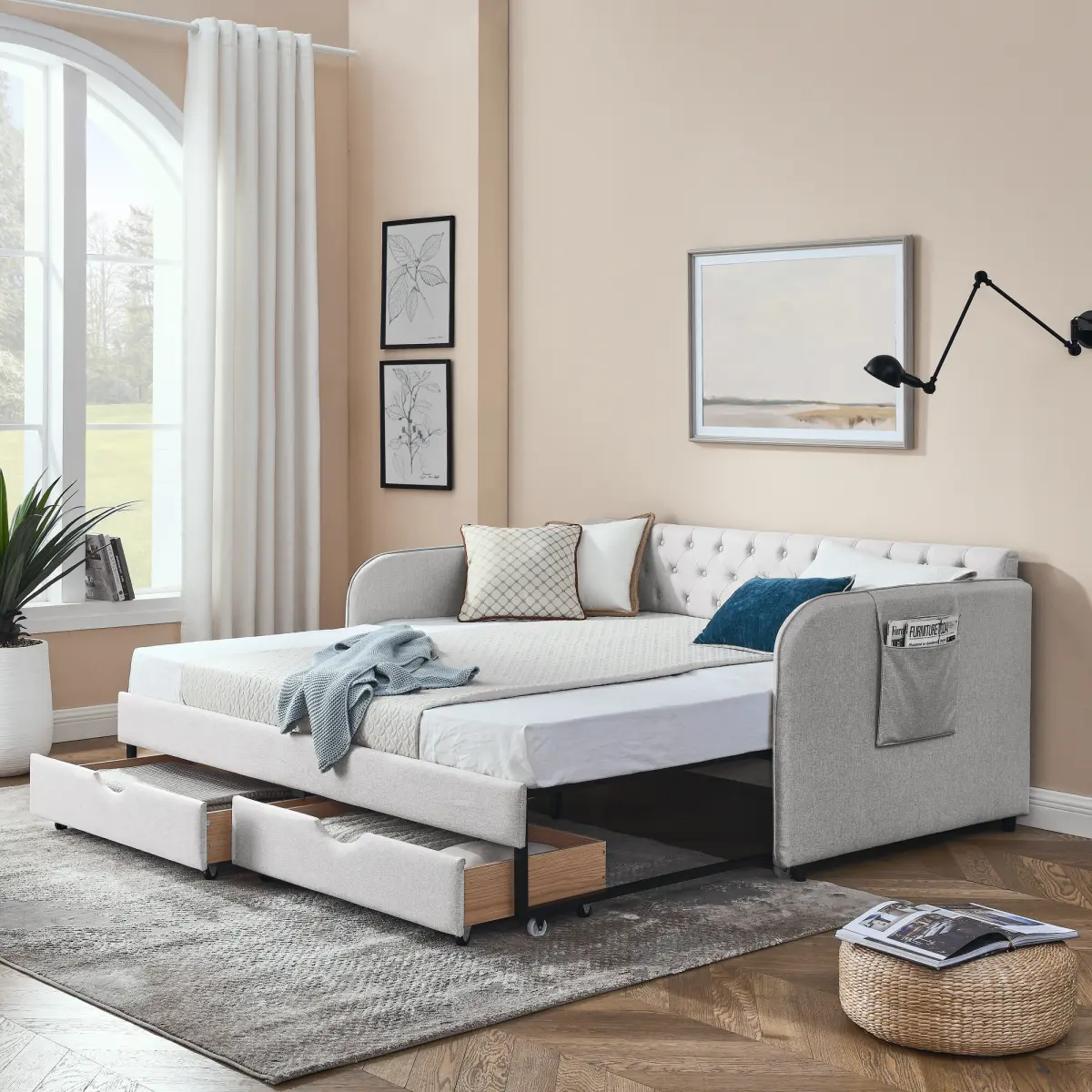 Twin Size Upholstery Daybed with Trundle Bed and Two Storage Drawers , Flat Arms with Pocket, Extendable Daybed for Bedroom Living Room,Linen Beige    RR