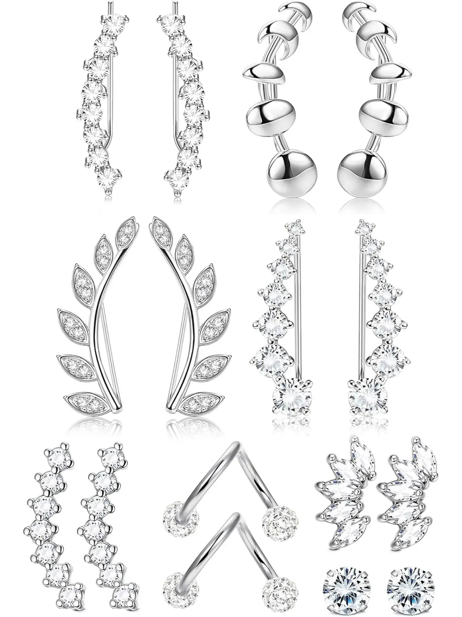 8Pairs Stainless Steel Ear Cartilage Earrings Crystals Ear Cuffs Hoop Climber Hypoallergenic Stud Earrings Ear Crawler Cuff Earring Cartilage Earring Sets