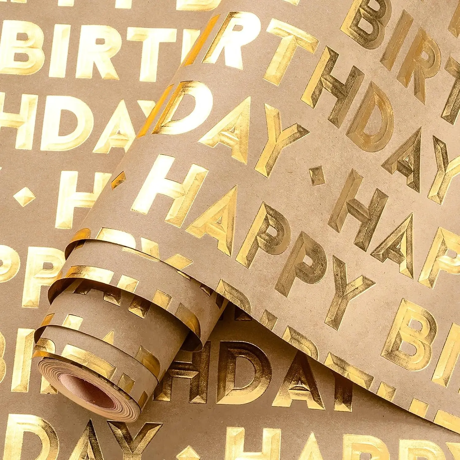 3D Kraft Birthday Wrapping Paper Roll - Mini Roll - 17 Inch x 16.5 Feet - Happy Birthday Letters with Gold Metallic Foil Shine Gift Wrap for Boys Girls Baby Shower