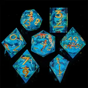 Fish Sticker Liquid Core Dice Set, Sharp Angle Shiny Polyhedral Dice, Silva Nebula Theme Board Game Dice, Unique Gaming Accessories
