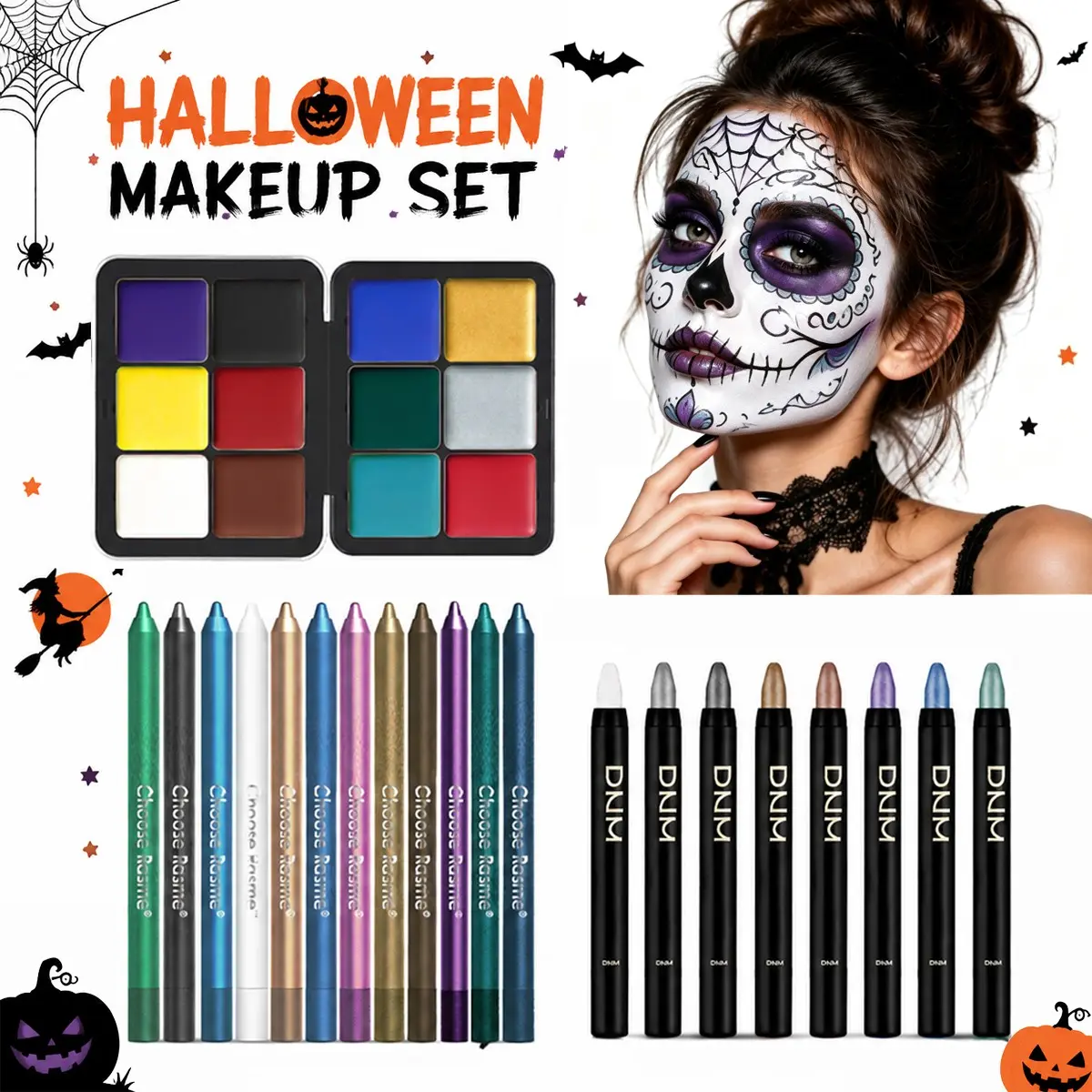 Halloween Makeup Set, 12 Eyeliner Pencils, 8 Eye Shadow Sticks, 12 Color Palettes, Complete Halloween Cosmetics Kit, Perfect for Festive Looks