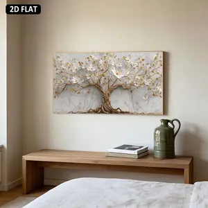 2D Flat, 1pc Large 19.68in50cmX39.37in100cm UnFramed, Canvas Printing Golden Tree with White Flowers Modern Home Decoration Canvas Art Prints Suitable for Living Room, Bedroom, Above Bed Wall Decor Mural Design Posters Christmas Home