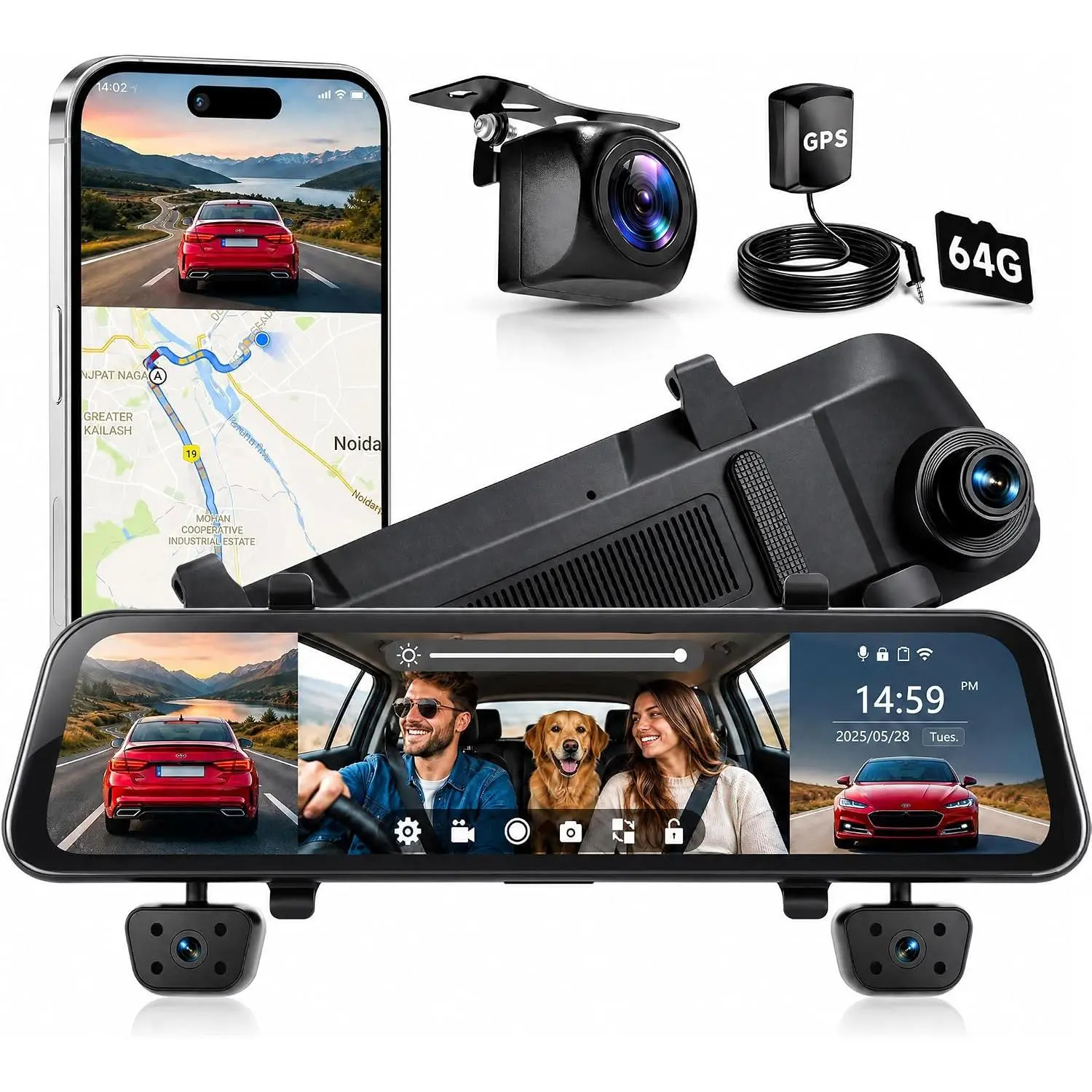 Rimoody 12-inch 4-Channel 1080P Rearview Mirror Dash Cam with Reverse Camera, [64GB SD Card] Wireless Dash Cam, Front and Rear Dual Cameras, App Control, Wi-Fi, Loop Recording, GPS, Night Vision, G-Sensor, Parking Monitoring, Reverse Assist, Touchscreen