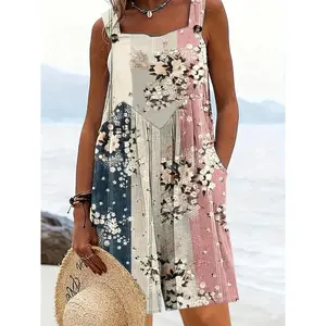 Patchwork Floral Overalls Romper, Bohemian Dungarees, Plus Size Casual Sleeveless Loose Fit Jumpsuit, Lightweight Breathable Fabric, Y2K Clothes Summer Vacation Outfits, Beach Daily Wear, Comfortable Relaxed Fit Bohemian Ensembles, Mixed Pattern Detai