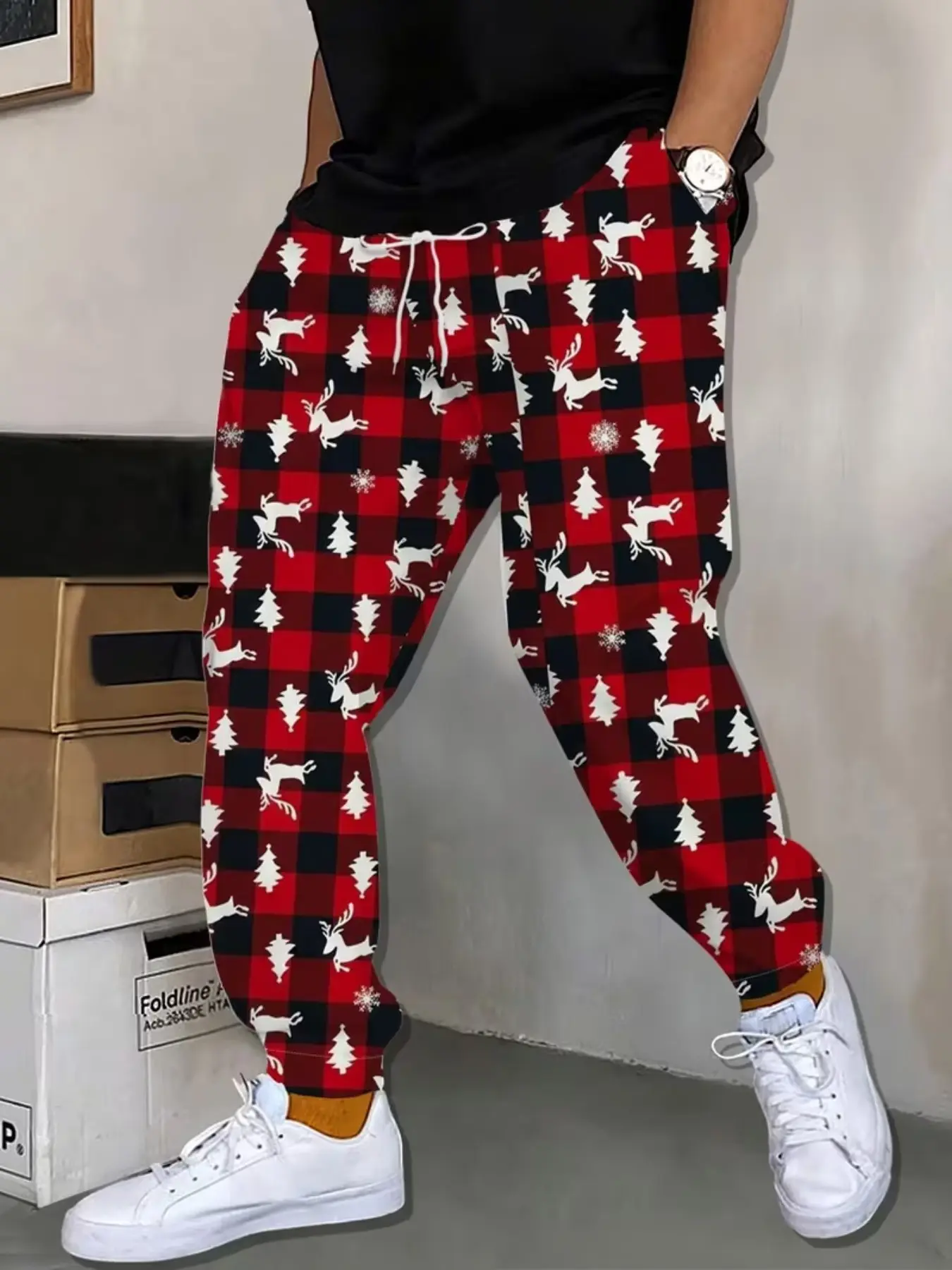 Men's Christmas Theme Printed Drawstring Sweatpants, Casual Slim-Fit Long Pants, Festive Deer Snowflake Pine Pattern, Trendy Daily Wear