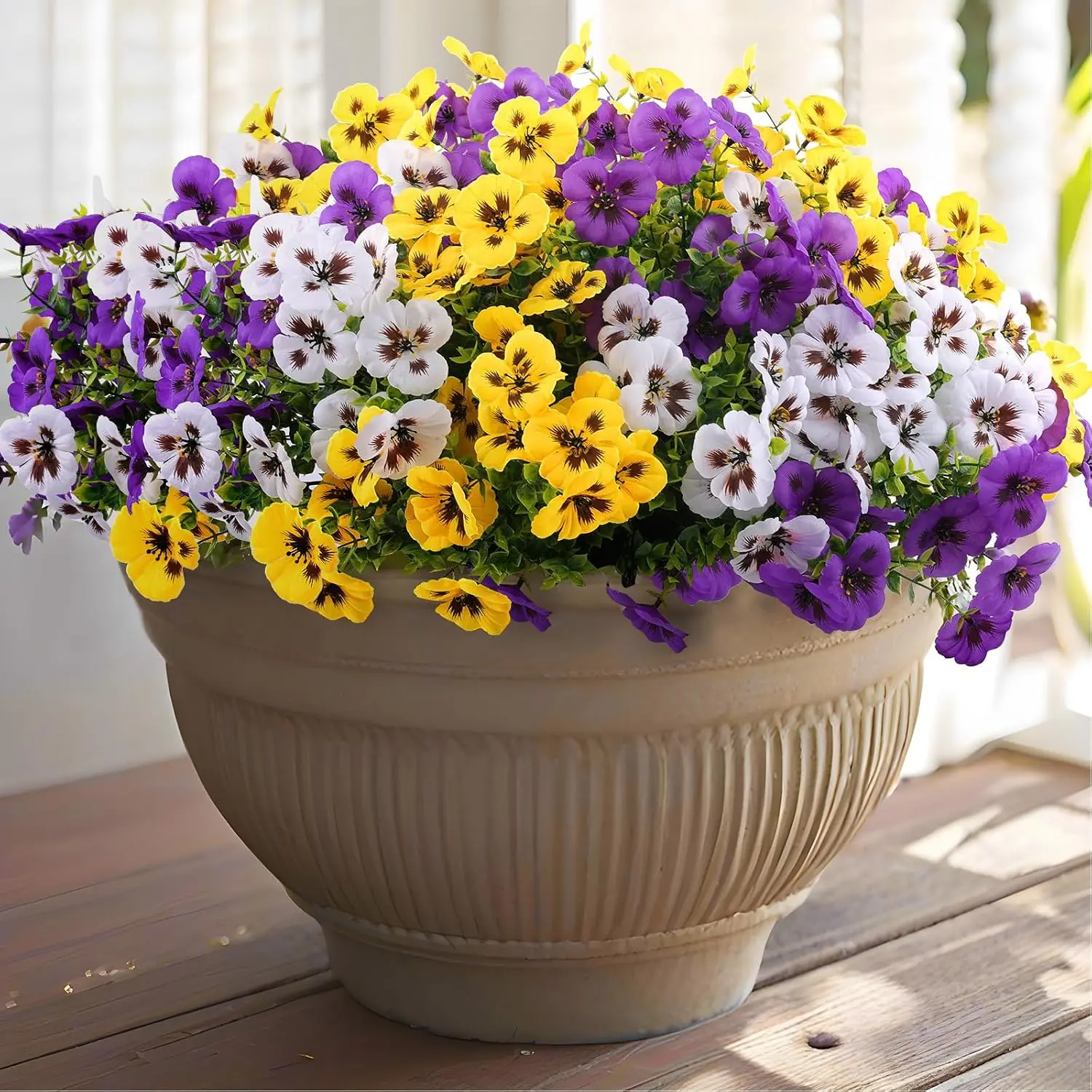 18 Pcs Artificial Fake Pansy Flowers for Outdoor, Faux Silk Pansies Spring Flowers for Outside for Planter Front Door Porch Yard Patio Window Box Home Decor (18, Purple, Yellow, White)
