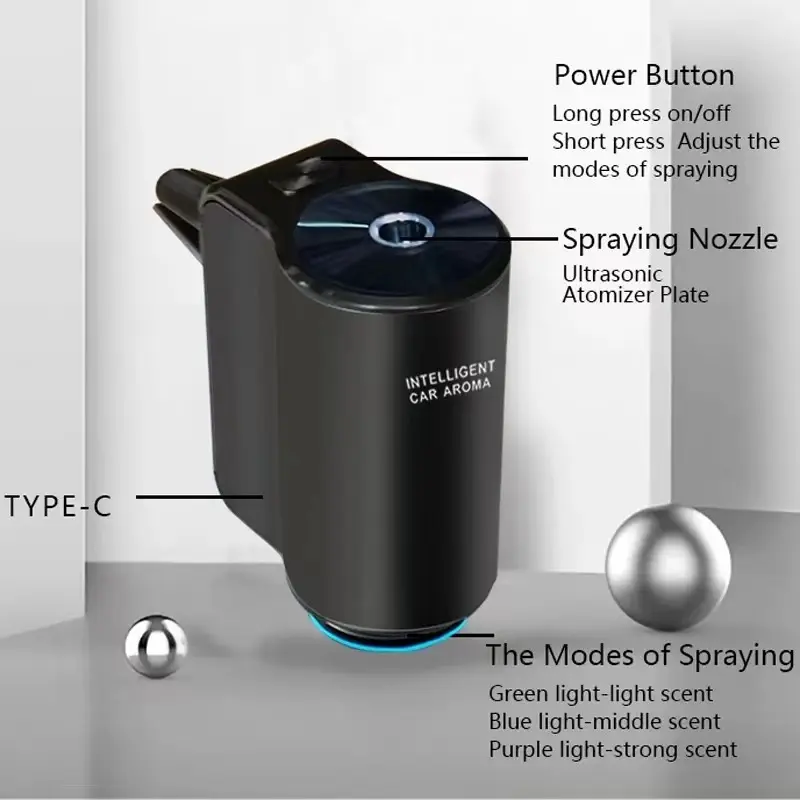 1pc Rechargeable Car Fragrance Diffuser, 3pcs 10ML Hilton Essential Oils, Ultrasonic Mist, Auto Start Stop, Car Vent Clip Diffuser